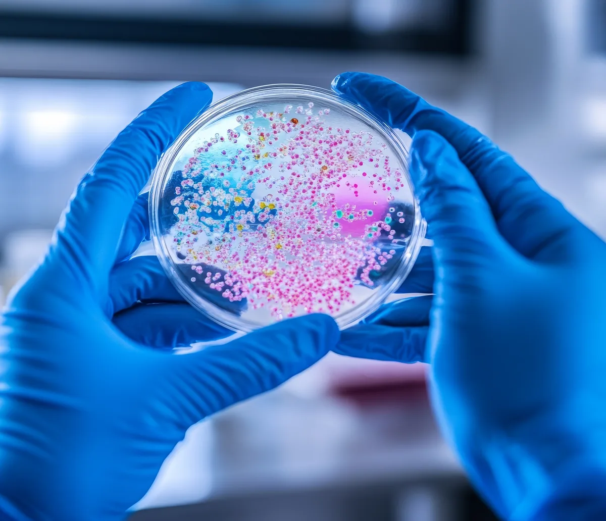 Científico sosteniendo una placa de Petri con microorganismos del microbioma